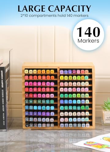 Bamboo Marker Organizer for Desk, Marker Storage Organizer for 140 Markers，Pens, Pencils and Art Brushes，Wooden marker holder for Home, Classroom and Office Decor,Bamboo