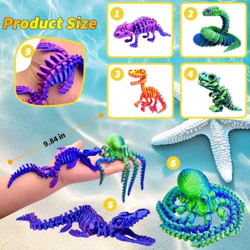 6pcs 3D Printed Dinosaur Skeletons,Octopus,Snake Flexible，Articulated T-Rex Fidget Toys,Large,3D Printed Animals,Desk Toy，Easter Eggs Basket Stuffers,Toys for Boys Kids Teen Girl 4-6 8-12