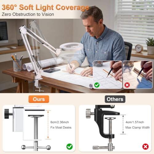 10X Magnifying Glass Lamp w/Clamp, 360° Shadow-Free Light for Close Work
