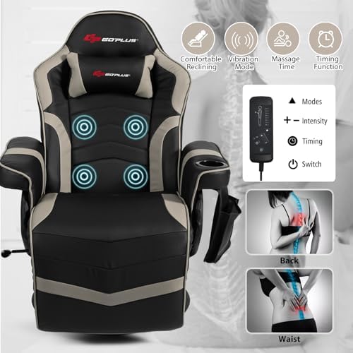 POWERSTONE Gaming Recliner, PU Massage Gaming Chair with Footrest, Cup Holder, Headrest and Side Pouch, Adjustable Single Sofa Living Room Chair(Gray)