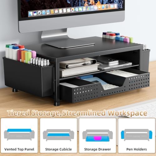 2-Tier Monitor Stand with Drawer, Metal Desk Riser, Black