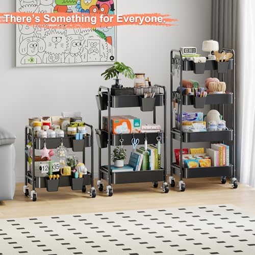 2 Tier Small Rolling Cart Metal with Wheels, Black Under Desk Storage Carts