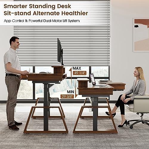 EUREKA ERGONOMIC 63" L-Shaped Standing Desk, Solid Walnut Top, Dual Drawers, Height Adjustable Executive Desk with Monitor Stand, Right, Walnut