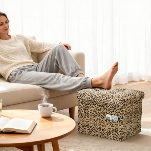 AmasSmile Ottoman with Storage,Folding Chest,17" Velvet,Leopard 2 Pack