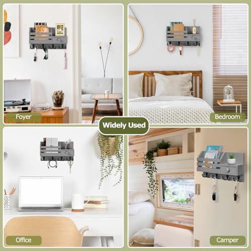 Key Holder Wall Mount, Wooden Key and Mail Organizer, Gray