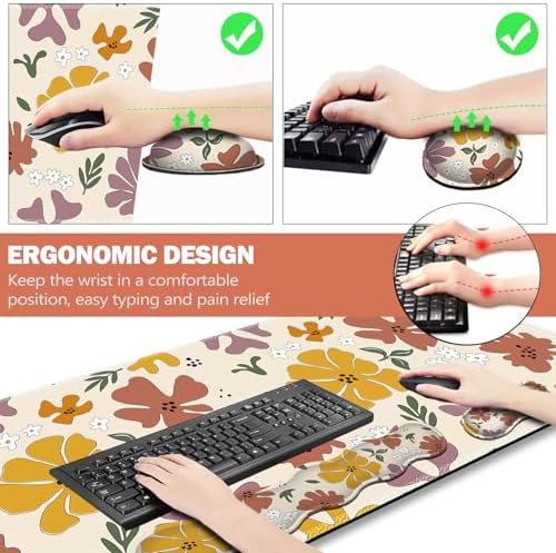 ARTSO Gaming Mouse Pad Wrist Support Set,Cute Flower Desk Mat+Mouse Pad with Wrist Rest +Keyboard Wrist Pad+Coaster,4-in-1 Mousepad Ergonomic Design for Home Office Game