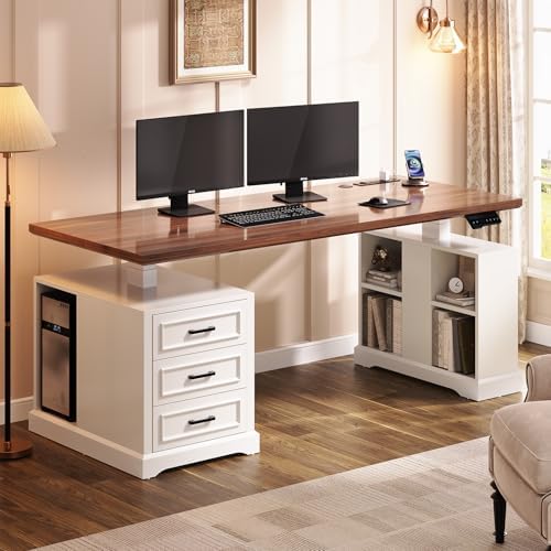 SEDETA 63" Farmhouse Electric Standing Desk with 3 Drawers, Storage Shelves