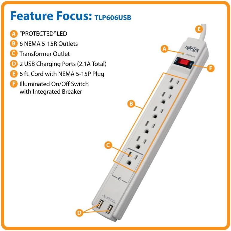 Eaton Tripp Lite TLP606USB 6 Outlet White Surge Protector with USB & USB-C