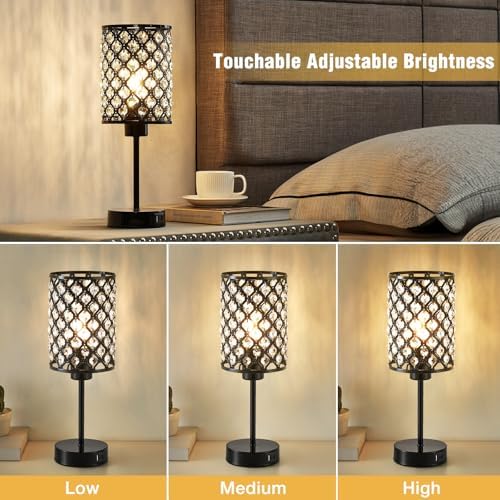 Crystal Table Lamp, Black Touch Lamp with USB C+A Port, 3-Way Dimmable