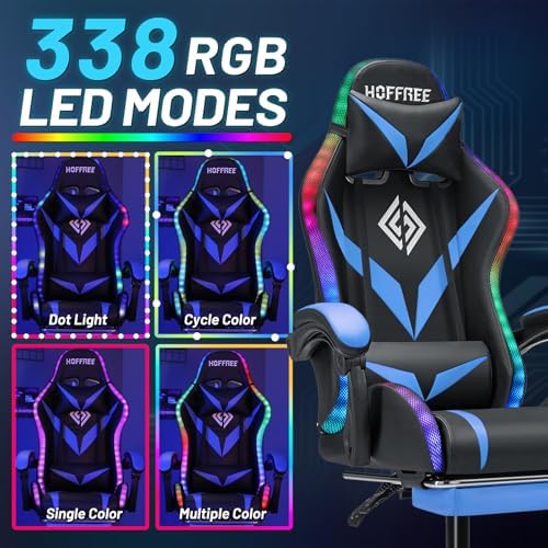 HOFFREE LED Gaming Chair with Speakers RGB Lights Computer Chairs-Blue