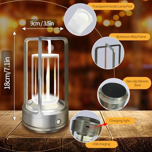 Set of 2 Cordless Table Lamps, LED Rechargeable Table Lamp with 3 Color Stepless Dimmable, Indoor/ Outdoor Table lamp for Patio/ Camping/ Bar/ Coffee/ Restaurant/ Home(Silver 2 Pcs)