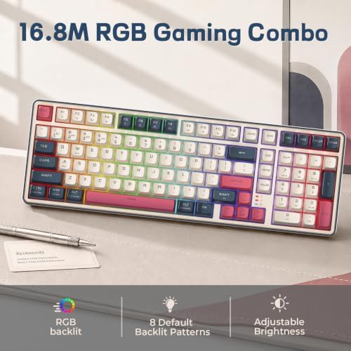 Redragon S174 Gaming Keyboard and Mouse Wireless with Tri-Mode, RGB Keyboard and 5000 DPI 61G Ultra-Light Gaming Mouse, Computer Keyboard Creamy Cute with Number Pad BT/2.4GHz/USB-C - Beige