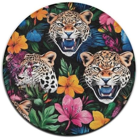 Home Decor Non Slip Kitchen Office Circle Rug, Machine Washable Modern Round Area Rug, Room Sofa Yoga Soft Round Carpet Jungle Florals Cheetah Leopard Print, 24inch