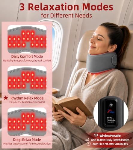 Red Light Therapy Neck Brace, 660nm & 850nm Infrared Light Therapy for Neck Pain Relief & Support, 3 Light Modes and Timer, Adjustable Wireless Cervical Collar for Home Office Use (Grey)
