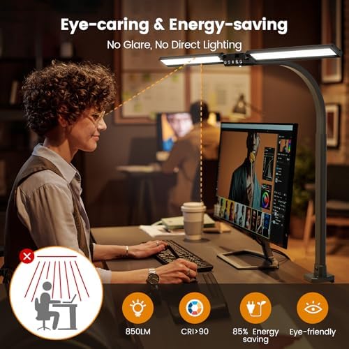 SIBRILLE Upgraded LED Desk Lamp for Home Office with RGB, Rotatable Computer Desk Light with Remote, Tall Table Lamp with Clamp for Working, Dimmable Dual Head Task Lighting for Monitor PC, 22W