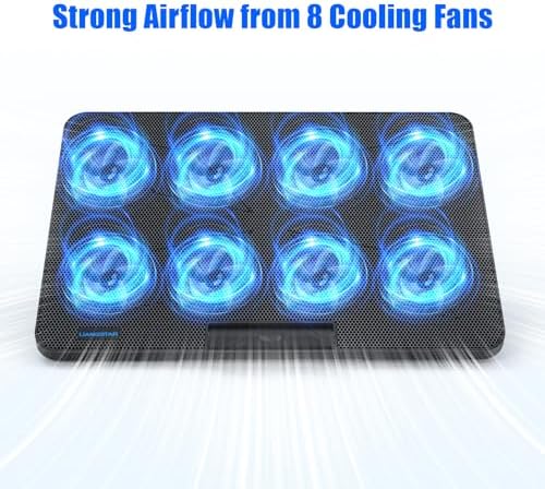 LIANGSTAR Laptop Cooling Pad, Laptop Cooler with 8 Quiet Fans for 12-17 Inch Gaming Laptop Fan Cooling Pad Stable Stand 7 Height & Wind Speed Adjustable, 2 USB Port & Phone Holder