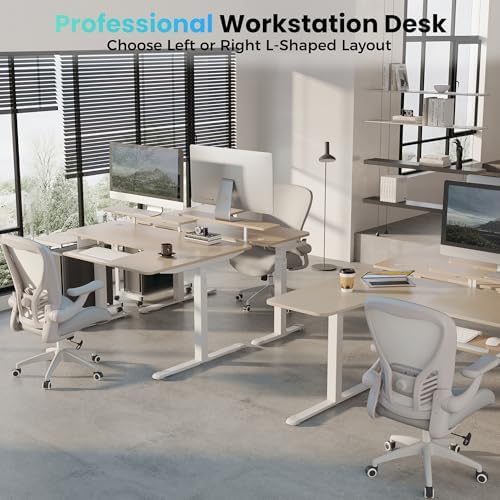 EUREKA ERGONOMIC 55 Inch L Shaped Electric Standing Desk, Height Adjustable Computer Gaming Desk with Keyboard Tray, Mouse Pad,Home Office Work,Maple Wood, Right Side