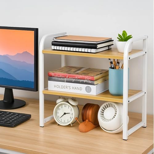 Desktop Shelf Organizer Office Desk Shelf for Top of Desk Wood & Metal Bookshelf Supplies Storage Rack (White&Walnut)