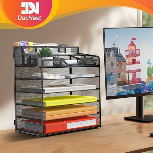 Docnest 6 Tier Mesh Desk Organizer with Letter Tray & Paper Sorter, Black