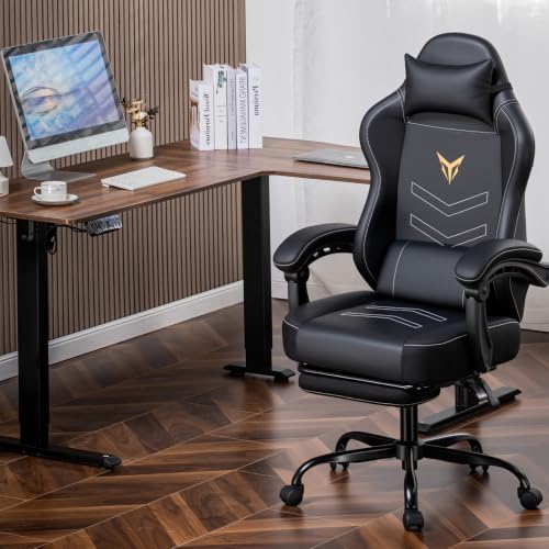 GTPLAYER Gaming Chair, Office Chair High Back Computer Chair with Foot Rest for Adults, Leather Desk Chair Executive Ergonomic Height Adjustable with Headrest and Lumbar Support, 300lbs Light Black