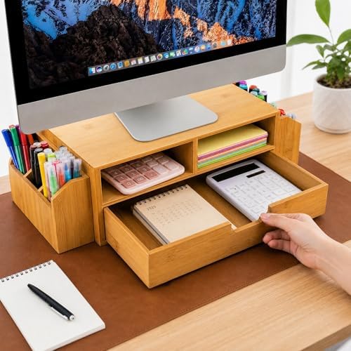 Hiceeden 2 Tier Bamboo Desktop Organizer, Desk Monitor Stand Riser with 1 Drawer and 2 Pen Holder, 2 Compartment Computer Desk Storage Organizer for Laptop, Printer