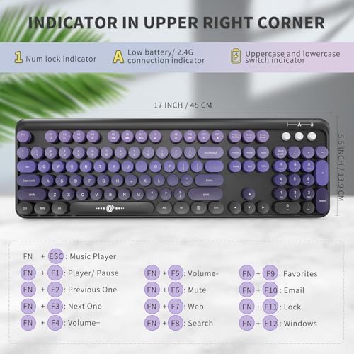 Purple Wireless Keyboard and Mouse Combo, Retro Round Keys,for PC Laptop