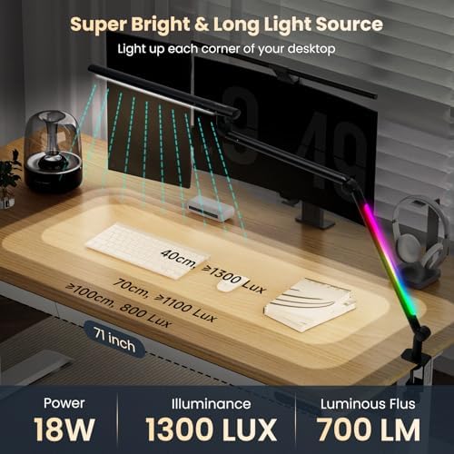 Pak LED Desk Lamp with Clamp, 18W Dual Light Architect Desk Light, Adjustable Swing Arm RGB Light Sensor Switch, Eye-Caring 4 Modes Stepless Dimming Table Lamp for Home Office Reading Study Gaming