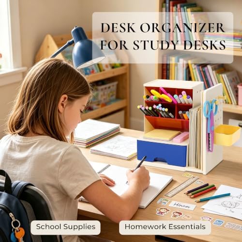 Desk Organizer with Drawer, Pen Holder with Slanted Pen Grooves Color