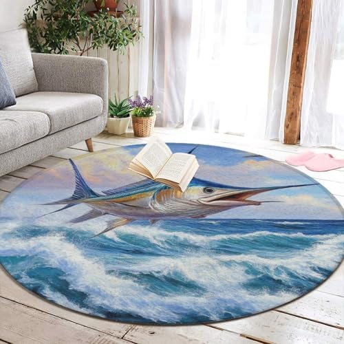 Large Round Area Rug Home Decor Modern Bathroom Rug Kitchen Office Circle Rug for Living Room Sofa Circle Cute Mat Whimsical Fish Painting, 60inch