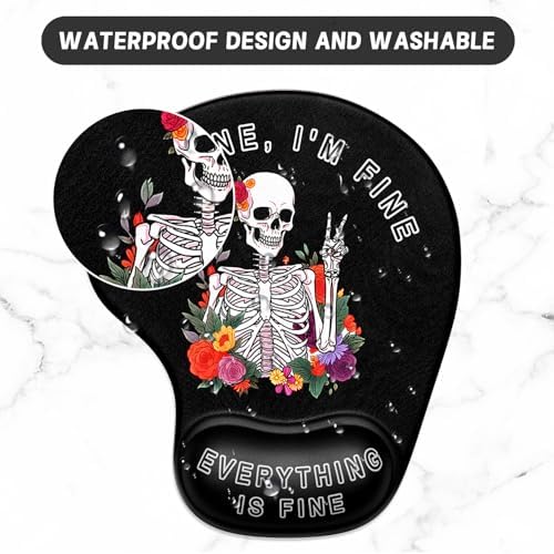 ITNRSIIET Ergonomic Mouse Pad Coaster Set with Gel Wrist Support Wrist Rest Smooth Surface Non-Slip PU Base Comfortable Office Supplies Pain Relief, 9.5 x 8.3 inches, Flower Skull
