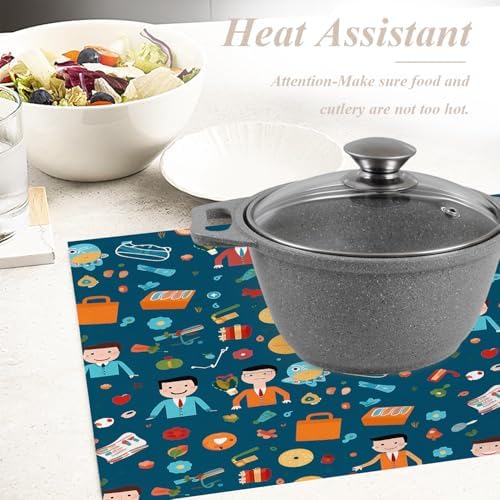 Shrahala Businessmen Items Work Set of 4 12 X 18 Inch Linen Placemats, Professional Office Illustration Burlap Table Mat Washable Double Layered Heat Insulation for Indoor/Outdoor