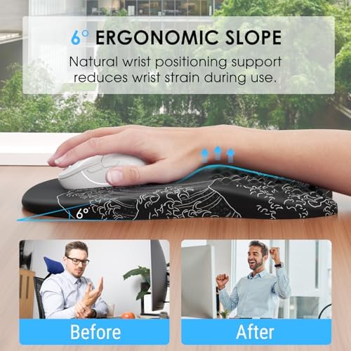 MROCO Ergonomic Mouse Pad with Wrist Support, 11.8 x 7.8 in, Black Kanagawa