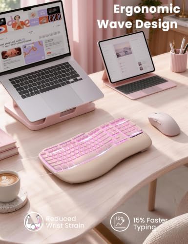 SABLUTE Pink Ergonomic Wireless Keyboard and Mouse Combo, Rechargeable 4000mAh Backlit Keyboard with Soft Faux Lambskin Palm Rest, Wave Keys for Natural Typing, Compatible with Windows/Mac/Chrome OS