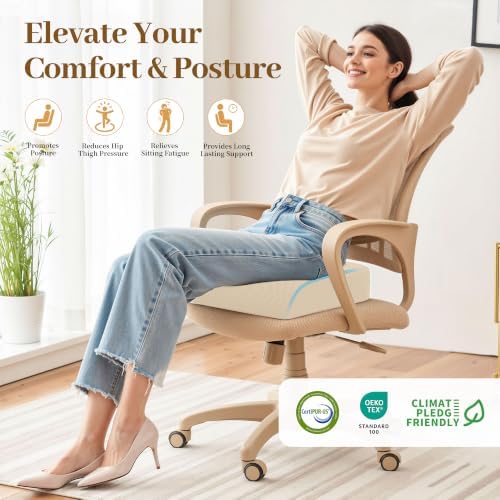 TranquilRelax 2XL Memory Foam Seat Cushion for Office Chair, 3.7-Inch, Khaki