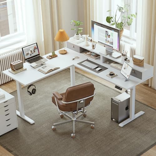 Agilestic 63 Inch L Shaped Electric Standing Desk with Drawer, White