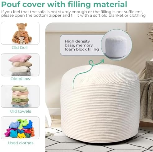 Dual-Size Corduroy Ottoman with Hidden Zipper – Ergonomic Memory Foam Footrest Poufs for Office Desks, Couches & Delicate Floors,Off-White 26"x 18"