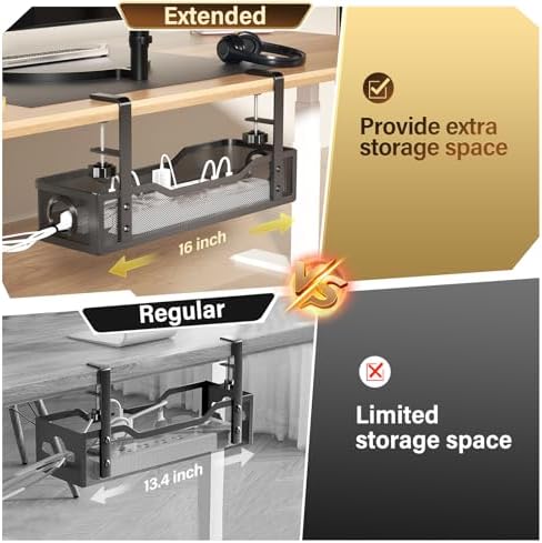 [Upgraded] 2 Pack Under Desk Cable Management Tray, Cinati Cord Organizers for Table Thickness up to 3", 16" Wire Organization with Clamp No Drill, Cable Management Box for Office - No Damage to Desk