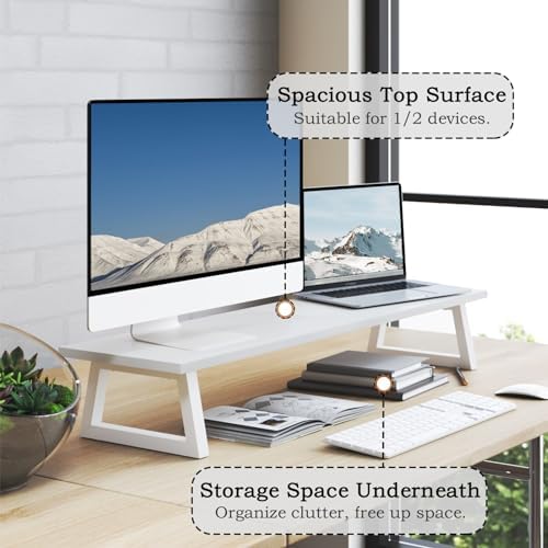TEAMIX White Dual Monitor Stand Riser, 31.5 inch Long Stand, Desk Organizer