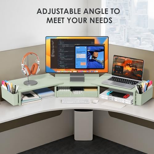 OPNICE Desk Organizers and Accessories, Dual Monitor Stand Riser with Drawer and 2 Pen Holders, Desk Shelf Printer Stand for Office Workspace Organizers, Desktop Organization (Sage Green)