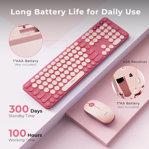 seenda COE202 Bluetooth Keyboard Mouse Combo, Retro Round Keys, Pink
