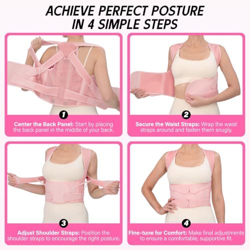 Back Brace Posture Corrector for Women & Men, Adjustable Full Back Support, Shoulder Straightener for Upper & Lower Back Pain Relief-Scoliosis, Hunchback, Waist Trainer (Large, Pink)