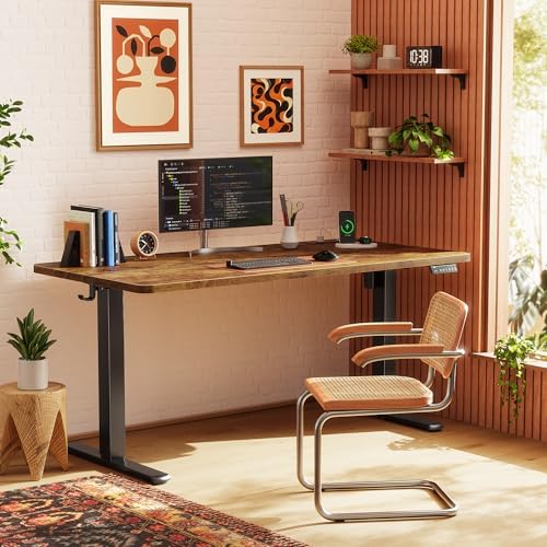 Huuger 55 X 24 Inch Electric Standing Desk with Power Outlets and USB-C Port, Height Adjustable Desk, Sit Stand Desk for Home Office, Computer & Gaming Desk, Stable Steel Frame, Rustic Brown
