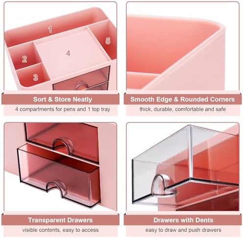 Meiikun Plastic Pen Organizer, Multifunctional Desk Organizer with 2 Drawers, 4 Compartments & a Top Tray, Pencil Holder Desktop Organizers and Accessories for Office, 7.7" x 5.5" x 3.9" (Pink)