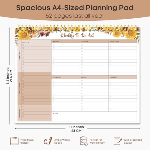 Taja Weekly To Do List Notepad, Undated Weekly Planner Pad, 8.5" x 11"