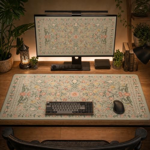 Pink Floral Desk Mat XXL Large Mouse Pad, Cute Vintage Flower Desk Pad