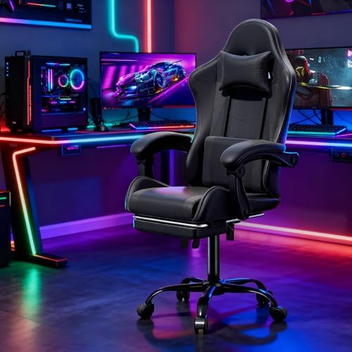Magshion Gaming Chair for Adults, Ergonomic Computer Chair with Linkage Armrests, Height Adjustable Gamer Chair with Footrest and Headrest for Home Office, 350 Lbs Capacity, Black