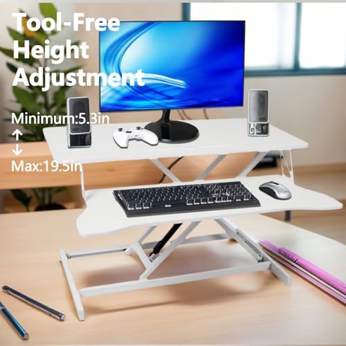 Standing Desk Converter, 32" Wide Height Adjustable Sit Stand Up Desk Riser with Keyboard Tray, Desktop Workstation Riser for Home Office Computer Laptop, Particle Board (White)