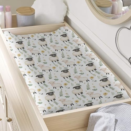 Cute Farm Animals Sheep Flowers Floral Leaves Baby Changing Pad Cover, Unisex Farm Nursery Diaper Changing Table Pad Mat Sheet for Boys Girls-16x32