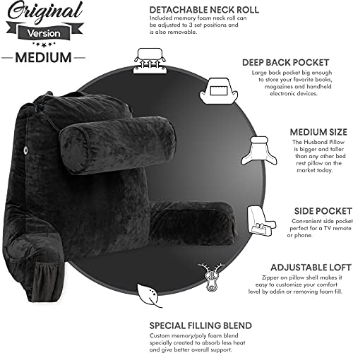 Husband Pillow Medium Reading Pillow with Arms - 23" Backrest for Sitting Up in Bed - Firm Support Bed Rest Pillow for Adults, Neck Roll, Removable Cover - TV, Reading, Lounging - Black