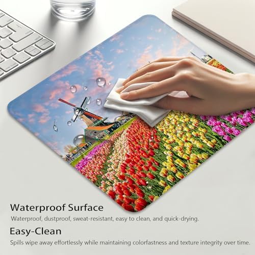 Tulips Flowers Puzzles Landscape Mouse Pad, Holland Windmill Desk Mat